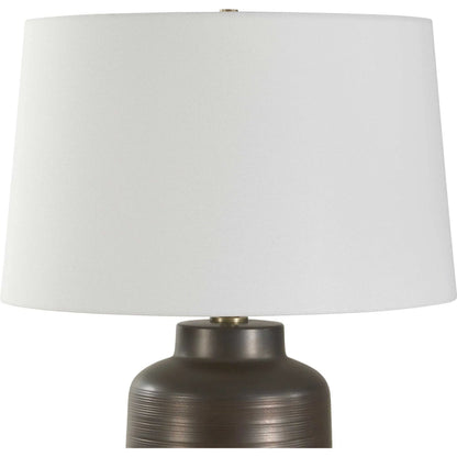 Calderone Table Lamp by Uttermost in black, bronze, brown. Made from porcelain, fabric, steel in a modern style.