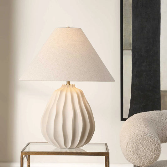 Javary Table Lamp by Uttermost in beige. Made from porcelain, fabric, steel in a unique style.