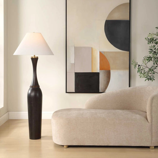Pravin Floor Lamp by Uttermost in dark bronze. Made from rubber wood, fabric, steel in a unique style.