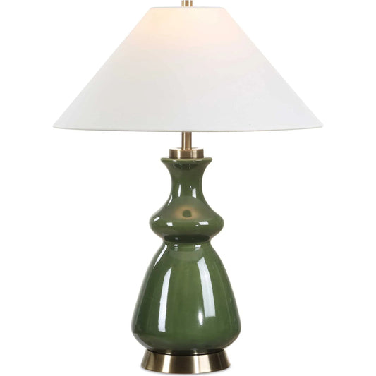 Green Thumb Table Lamp by Uttermost in green and brass. Made from metal, ceramic, fabric in a unique style.