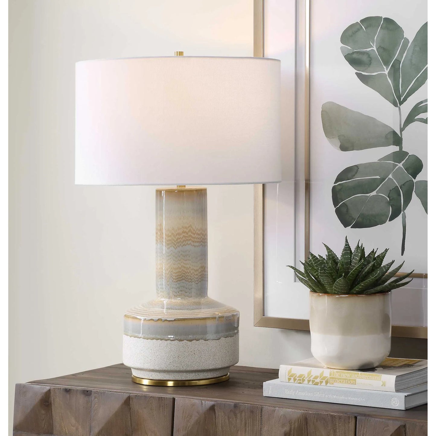 003 SI-2630604 | Lifestyle | Armitage Textured Table Lamp by Uttermost in blue, brown, gray, white and brass. Made from metal, ceramic, fabric in a unique style.