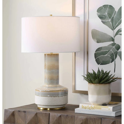 Armitage Textured Table Lamp by Uttermost in blue, brown, gray, white and brass. Made from metal, ceramic, fabric in a unique style.