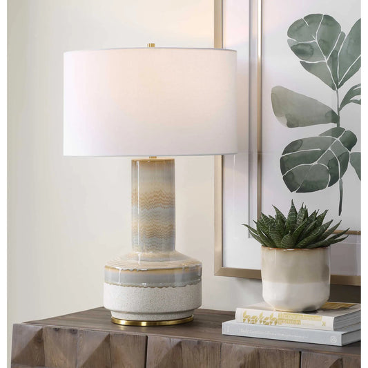 Armitage Textured Table Lamp by Uttermost in blue, brown, gray, white and brass. Made from metal, ceramic, fabric in a unique style.