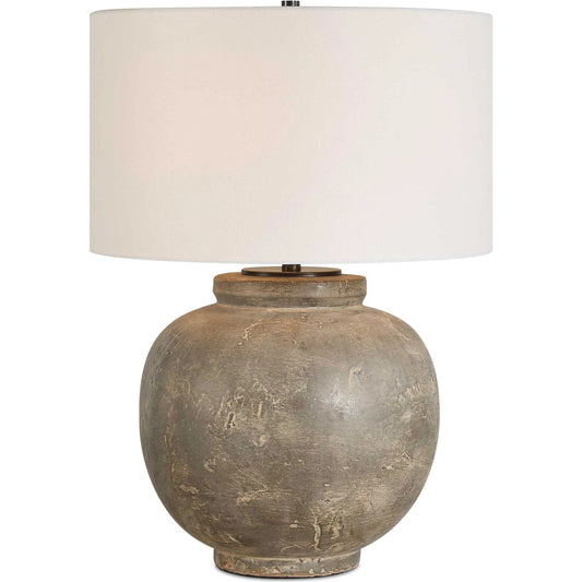 Rock of Ages Table Lamp by Uttermost in gray, rust brown and bronze. Made from ceramic, iron, fabric in a unique style.