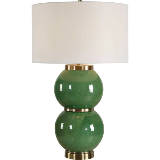 Banner Spheres Table Lamp by Uttermost in green and brass. Made from metal, ceramic, fabric in a unique style.
