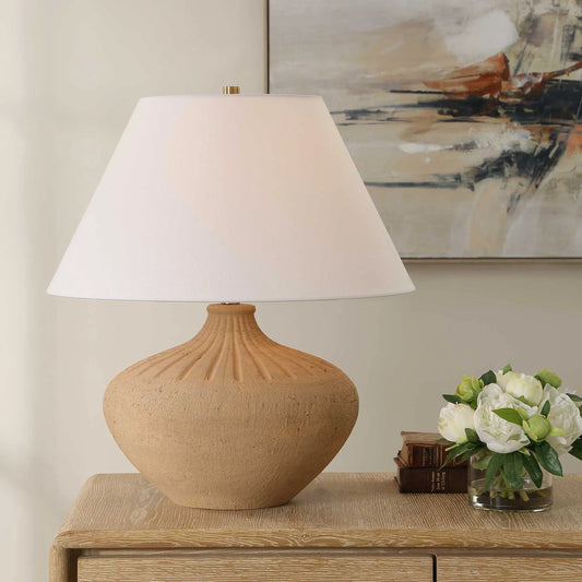 Eldon Terracotta Table Lamp by Uttermost in brown and brass. Made from iron, ceramic in a unique style.
