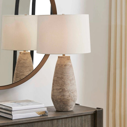 Dunford Aged Table Lamp by Uttermost in brown, gray. Made from ceramic, fabric, galvanized steel in a unique style.