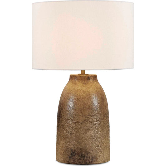 Harris Mottled Table Lamp by Uttermost in brown and brass. Made from ceramic, fabric, galvanized steel in a unique style.