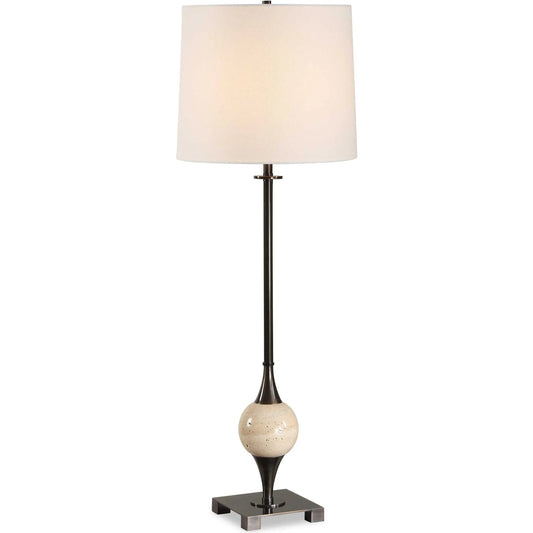 Dempsey Buffet Lamp by Uttermost in bronze. Made from iron, off-white travertine, fabric in a unique style.