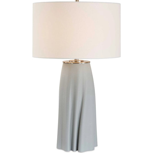 Cover Up Sculpted Table Lamp by Uttermost in blue, silver and brass. Made from iron, 3d ceramic, fabric in a unique style.