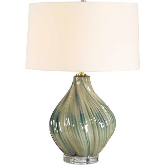 Tausha Table Lamp by Uttermost in blue, green and brass. Made from iron, crystal, ceramic, fabric in a unique style.