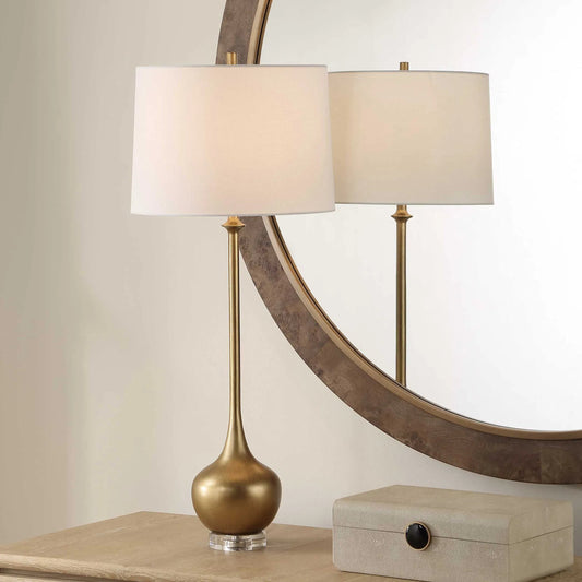Good as Gold Buffet Lamp by Uttermost in brass, gold. Made from resin, crystal, iron, fabric in a unique style.