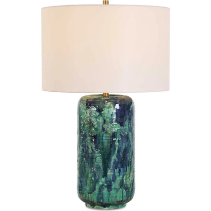 Out of the Blue Table Lamp by Uttermost in blue, green and brass. Made from ceramic, iron, fabric in a unique style.