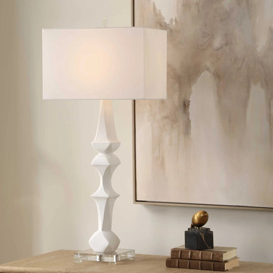 Mayme Table Lamp by Uttermost in white and nickel. Made from resin, crystal, iron, fabric in a unique style.