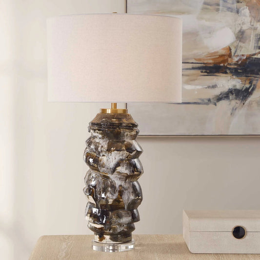 Cuoco Mottled Table Lamp by Uttermost in brown, white and brass. Made from ceramic, crystal, iron, fabric in a unique style.