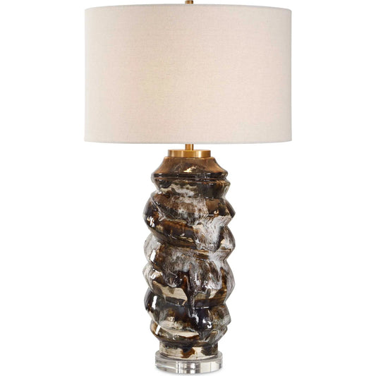 Cuoco Mottled Table Lamp by Uttermost in brown, white and brass. Made from ceramic, crystal, iron, fabric in a unique style.