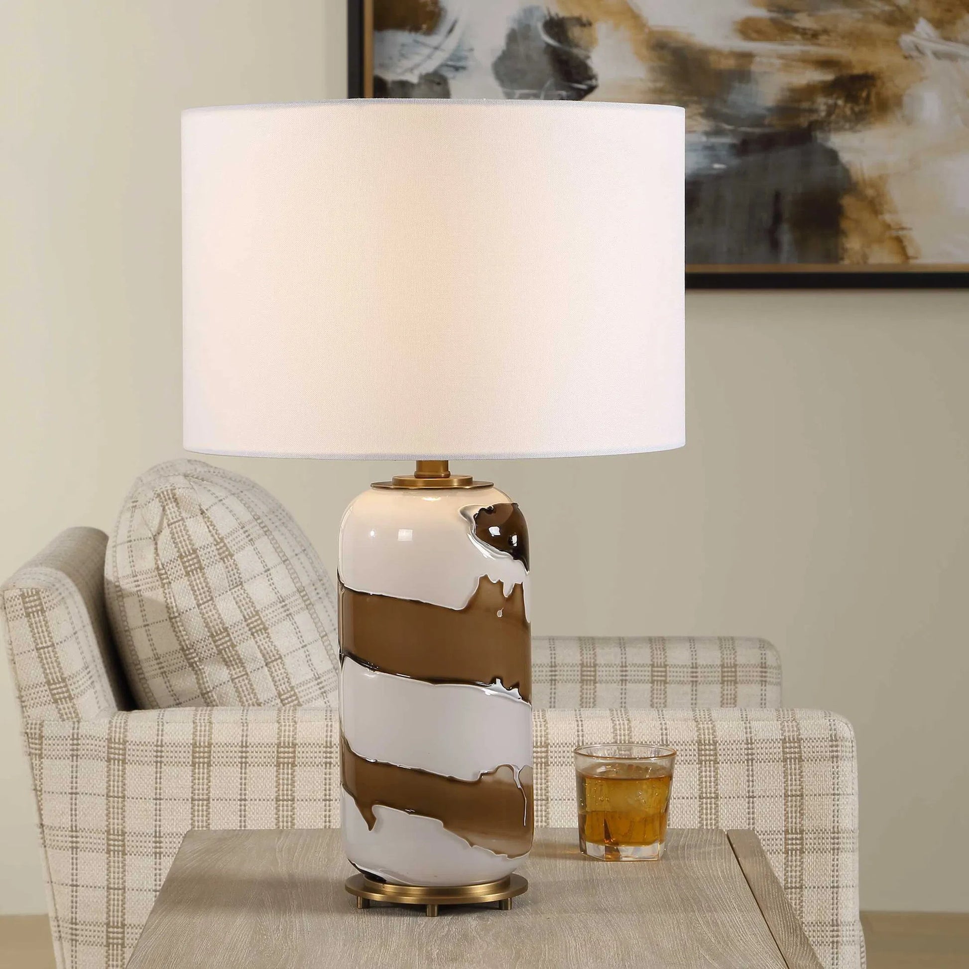 Ararat Swirl Table Lamp by Uttermost in brown, white and brass. Made from metal, glass, linen in a unique style.