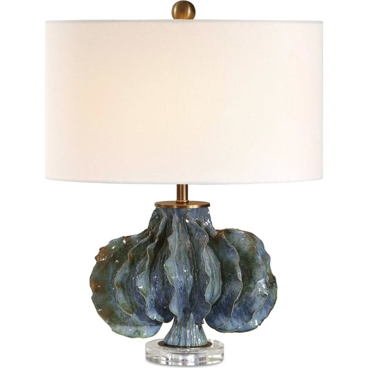 Ruffle Up Table Lamp by Uttermost in blue, brown, green and brass. Made from metal, ceramic, linen, crystal in a unique style.