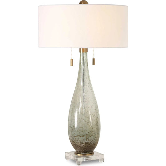 Cardoni Table Lamp by Uttermost in green. Made from metal, glass, linen, crystal in a unique style.