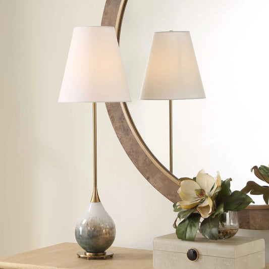 Cardoni Smoke Buffet Lamp by Uttermost in brass, gray, white. Made from metal, glass, linen in a unique style.