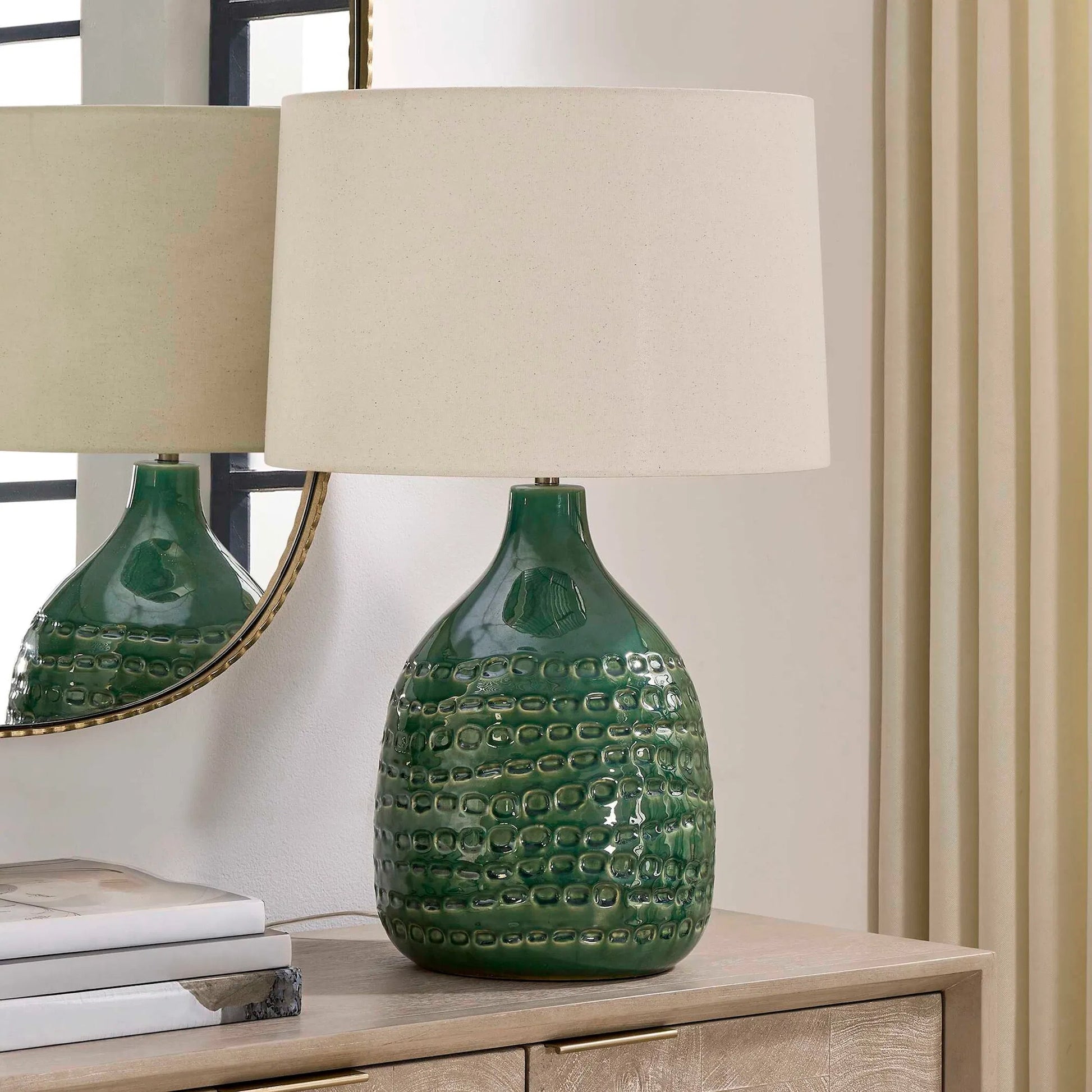 Breya Glaze Table Lamp by Uttermost in green and brass. Made from ceramic, fabric, galvanized steel in a unique style.