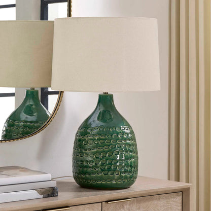 Breya Glaze Table Lamp by Uttermost in green and brass. Made from ceramic, fabric, galvanized steel in a unique style.