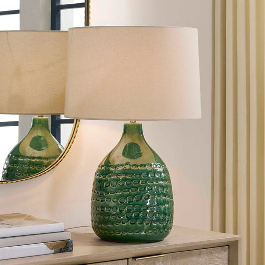 Breya Glaze Table Lamp by Uttermost in green and brass. Made from ceramic, fabric, galvanized steel in a unique style.