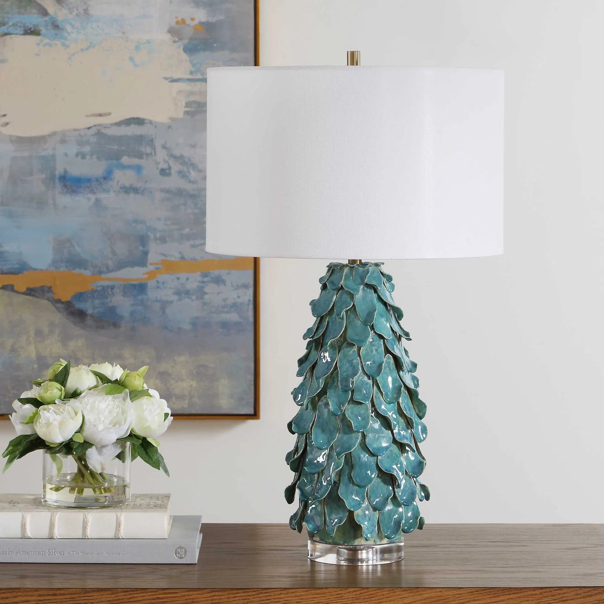 Mina Table Lamp by Uttermost in blue, green and brass. Made from ceramic, crystal, iron, fabric in a unique style.