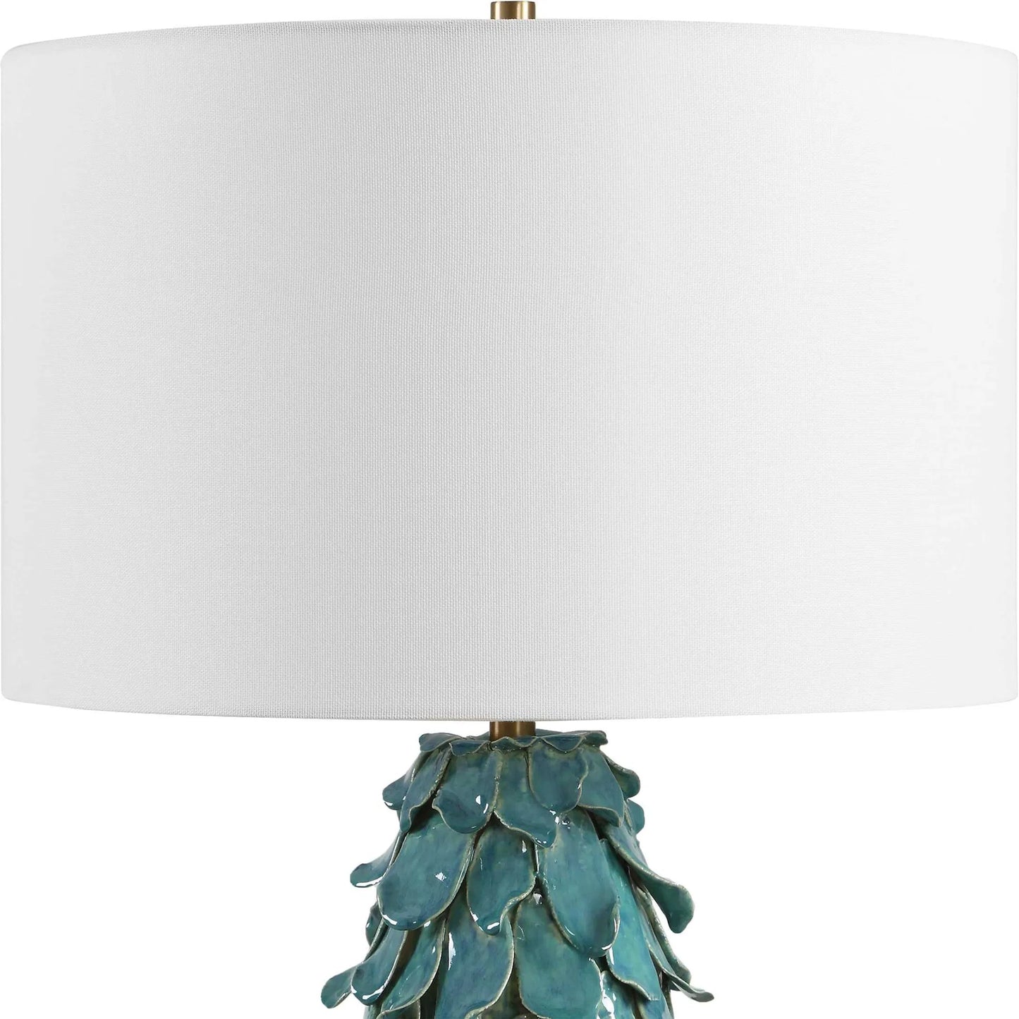 002 SI-2526230 | Closeup | Mina Table Lamp by Uttermost in blue, green and brass. Made from ceramic, crystal, iron, fabric in a unique style.