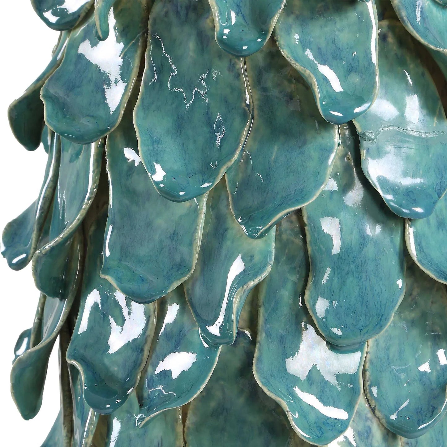 003 SI-2526230 | Closeup | Mina Table Lamp by Uttermost in blue, green and brass. Made from ceramic, crystal, iron, fabric in a unique style.