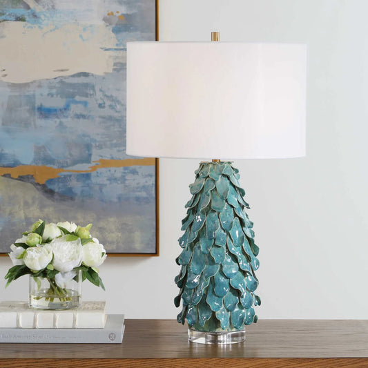 Mina Table Lamp by Uttermost in blue, green and brass. Made from ceramic, crystal, iron, fabric in a unique style.
