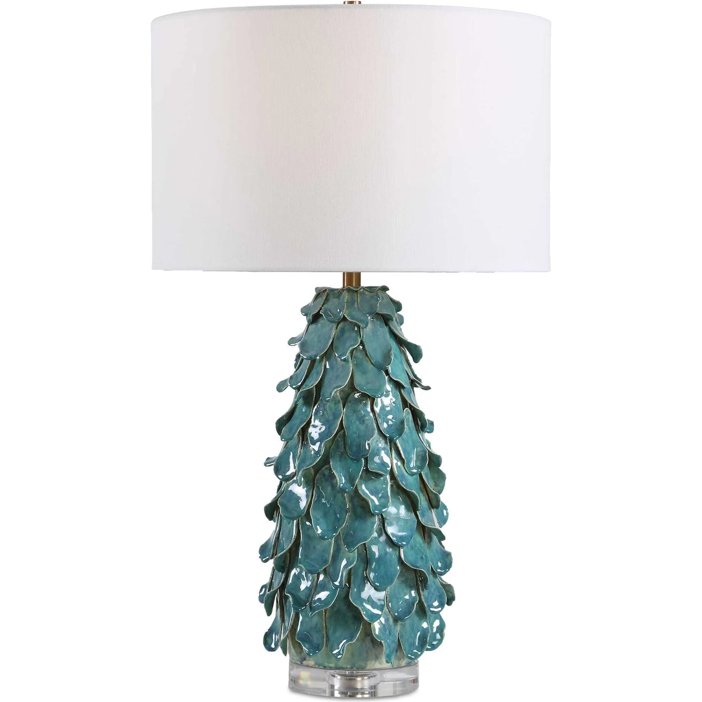 001 SI-2526230 | Primary Silo | Mina Table Lamp by Uttermost in blue, green and brass. Made from ceramic, crystal, iron, fabric in a unique style.