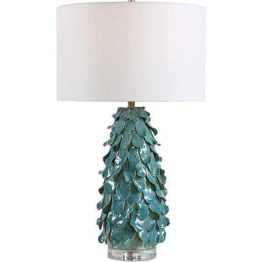 Mina Table Lamp by Uttermost in blue, green and brass. Made from ceramic, crystal, iron, fabric in a unique style.