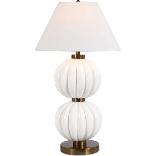 Irena Sphere Table Lamp by Uttermost in white and brass. Made from ceramic, iron in a unique style.