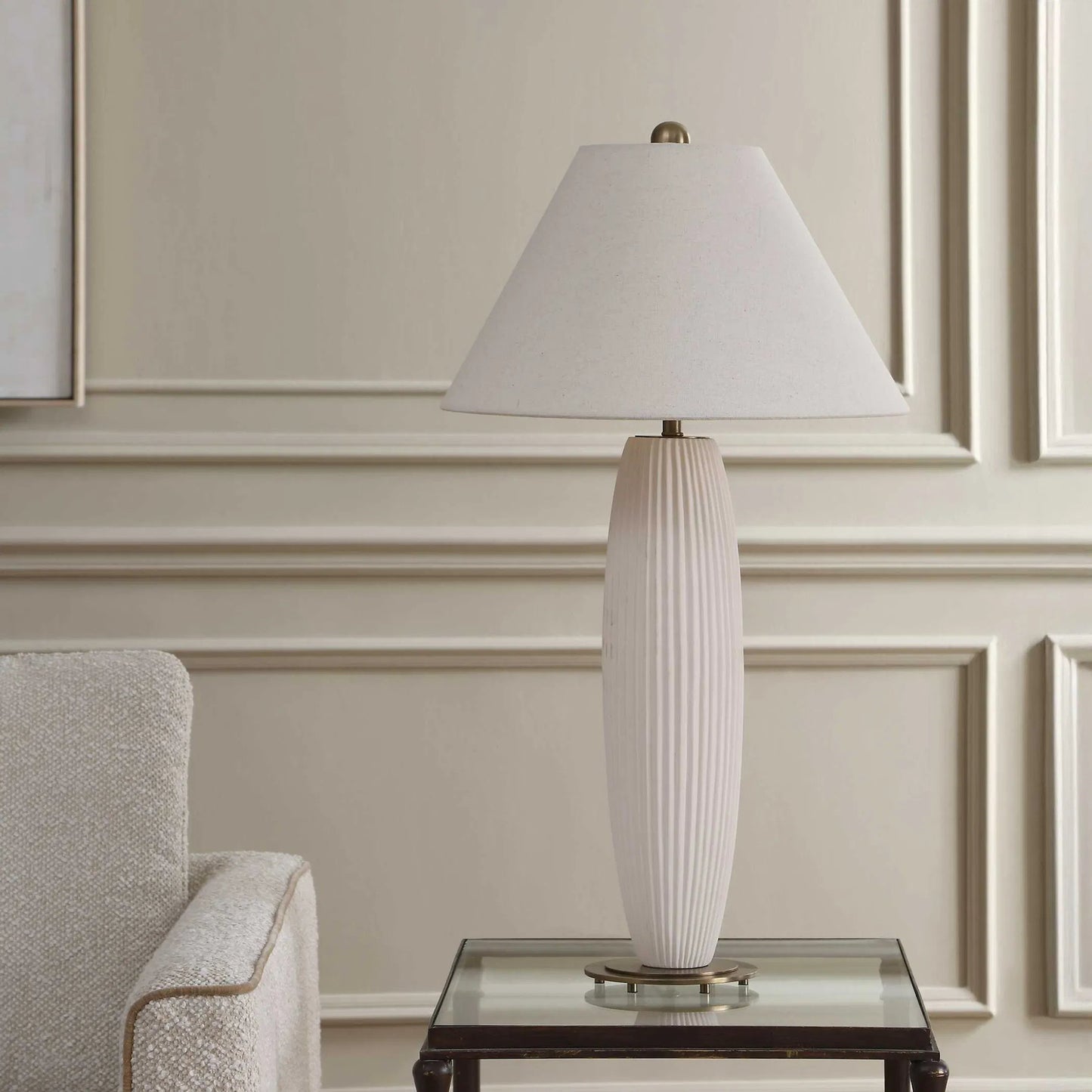 004 SI-2630624 | Unknown | Brinsley Table Lamp by Uttermost in white and brass. Made from metal, ceramic, fabric in a unique style.