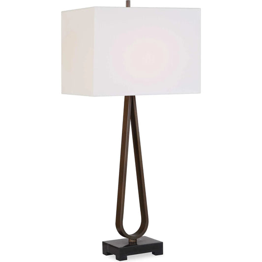 Galloway Table Lamp by Uttermost in bronze and dark. Made from marble, iron, fabric in a modern style.