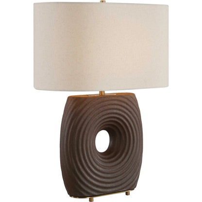 Geno Concentric Ribbed Table Lamp by Uttermost in brown and brass. Made from ceramic, iron, fabric in a unique style.
