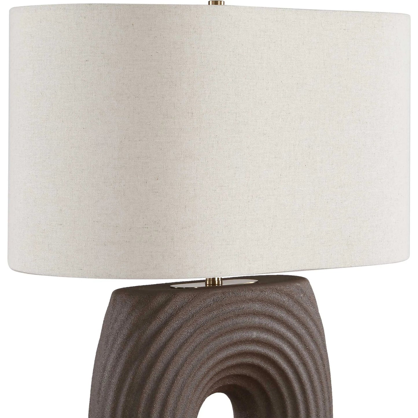 001 SI-2630622 | Closeup | Geno Concentric Ribbed Table Lamp by Uttermost in brown and brass. Made from ceramic, iron, fabric in a unique style.