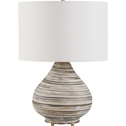 Azura Horizontal Line Table Lamp by Uttermost in brown, gray, white and dark. Made from ceramic, iron, fabric in a unique style.