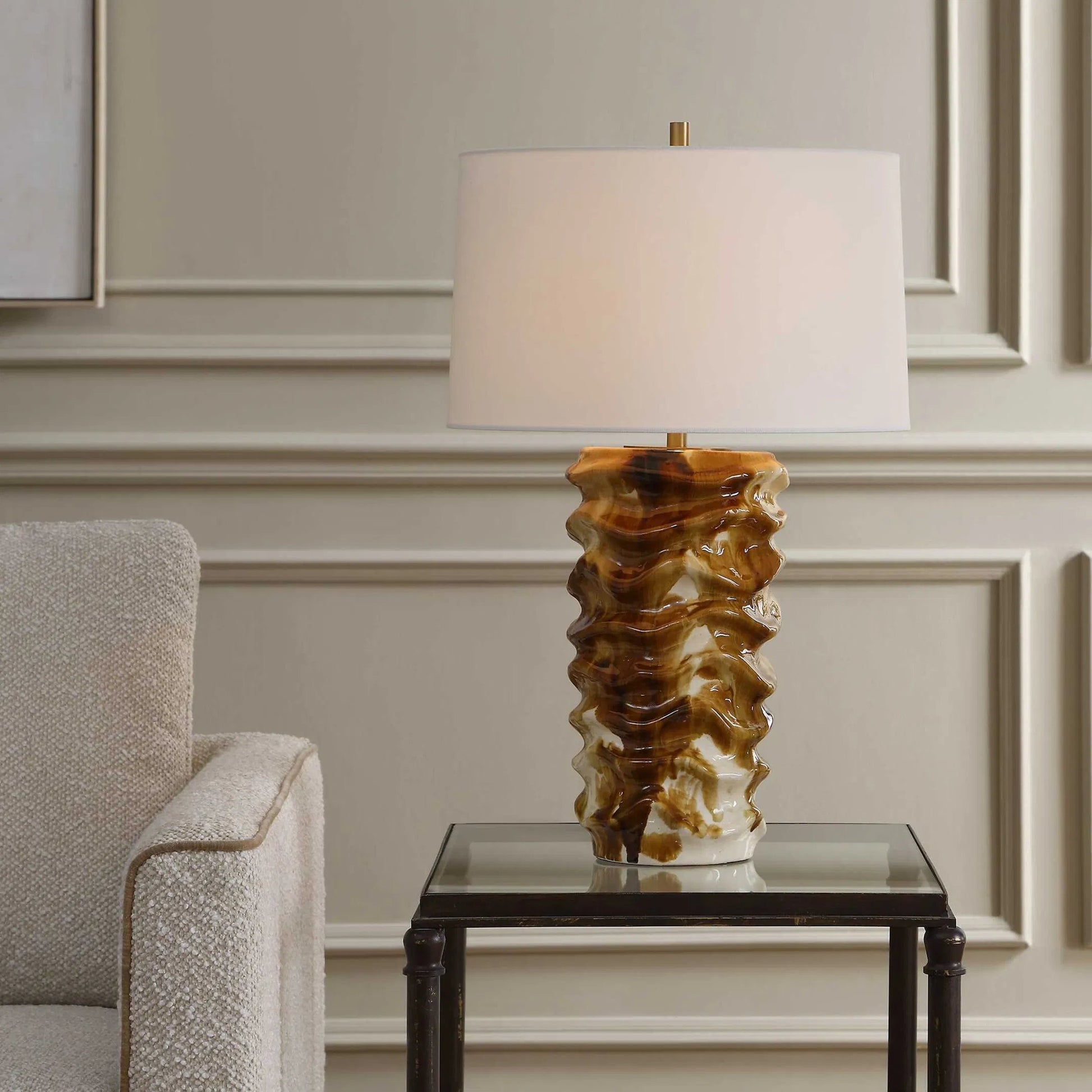 Bassa Cream Glazed Table Lamp by Uttermost in brown, white and brass. Made from ceramic, iron, fabric in a unique style.