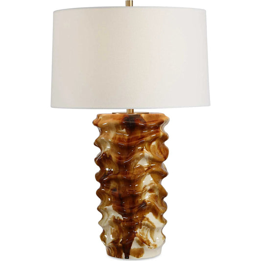 Bassa Cream Glazed Table Lamp by Uttermost in brown, white and brass. Made from ceramic, iron, fabric in a unique style.