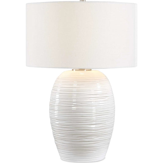 Alkman Glaze Table Lamp by Uttermost in white and nickel. Made from steel, ceramic, fabric in a unique style.
