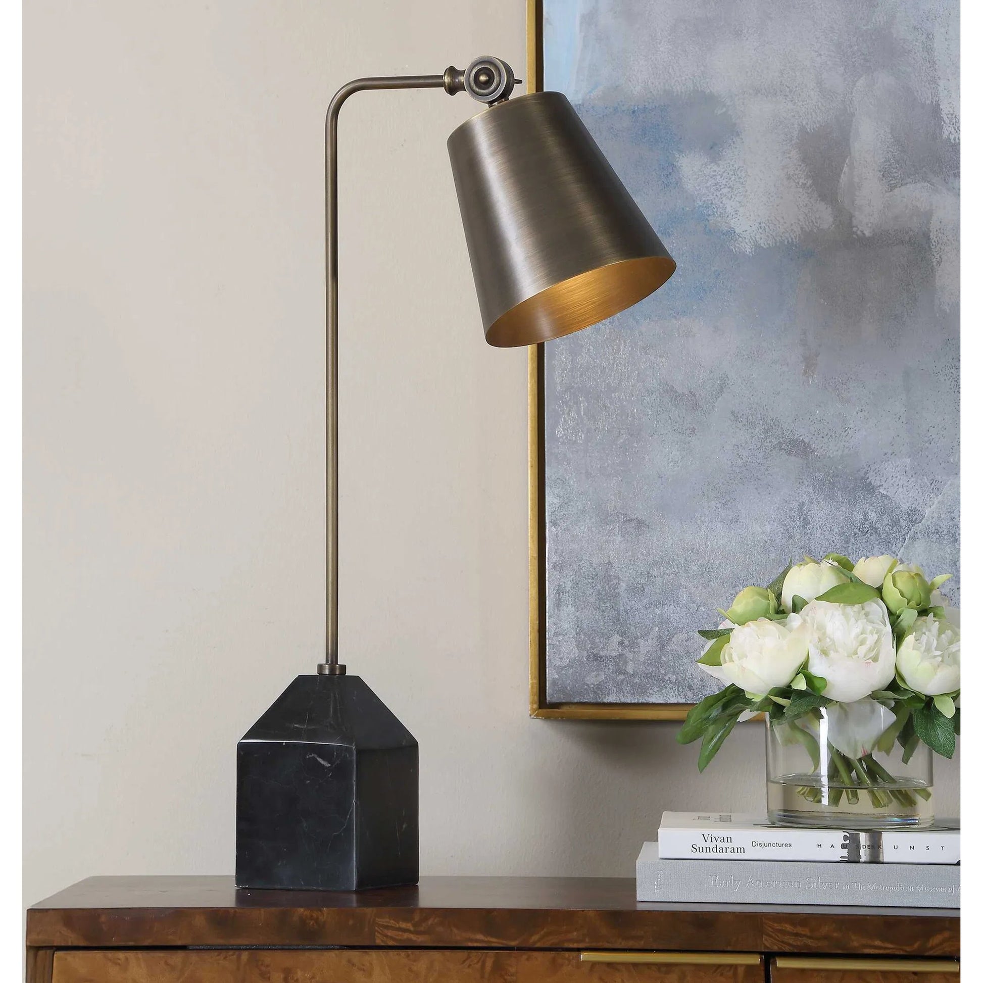 Hutchinson Desk Lamp by Uttermost in black, bronze, gold and bronze. Made from metal, glass, fabric in a unique style.