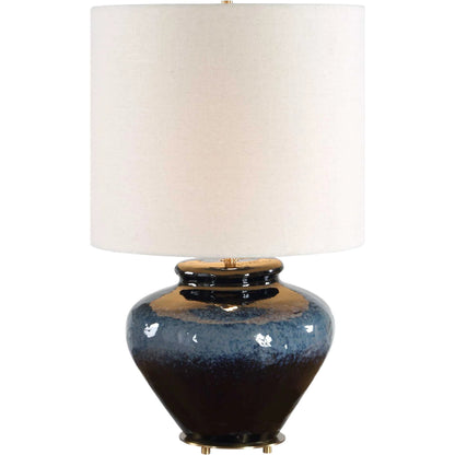 Andrus Glaze Table Lamp by Uttermost in blue and brass. Made from ceramic, fabric, iron in a unique style.