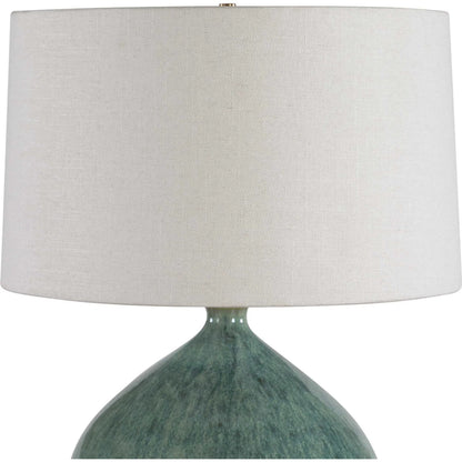 Callista Table Lamp by Uttermost in blue, green and brass. Made from ceramic, crystal, fabric, iron in a unique style.