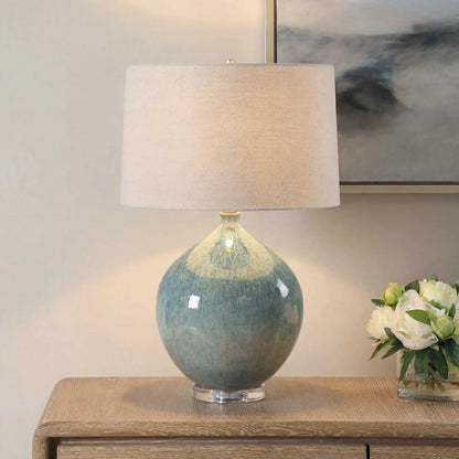 Callista Table Lamp by Uttermost in blue, green and brass. Made from ceramic, crystal, fabric, iron in a unique style.