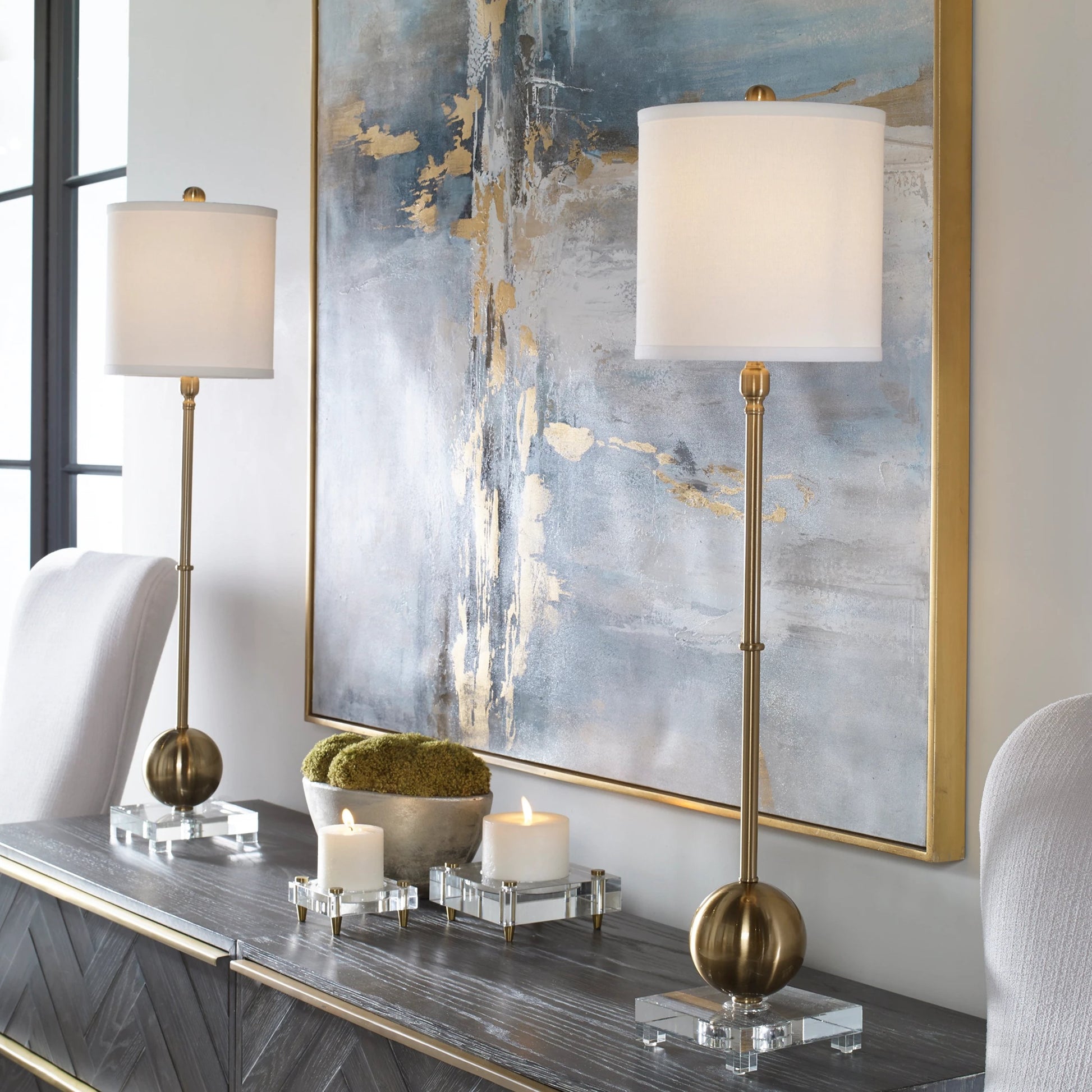Laton Brass Buffet Lamp by Uttermost. Made from metal, crystal in a modern style.