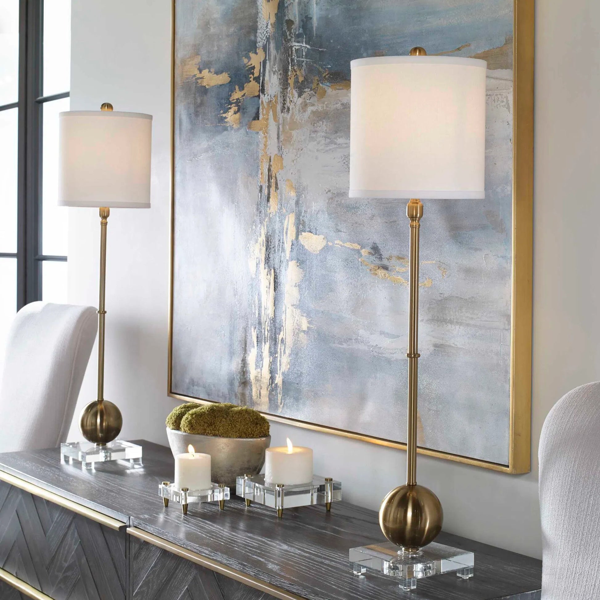 Laton Brass Buffet Lamp by Uttermost. Made from metal, crystal in a modern style.