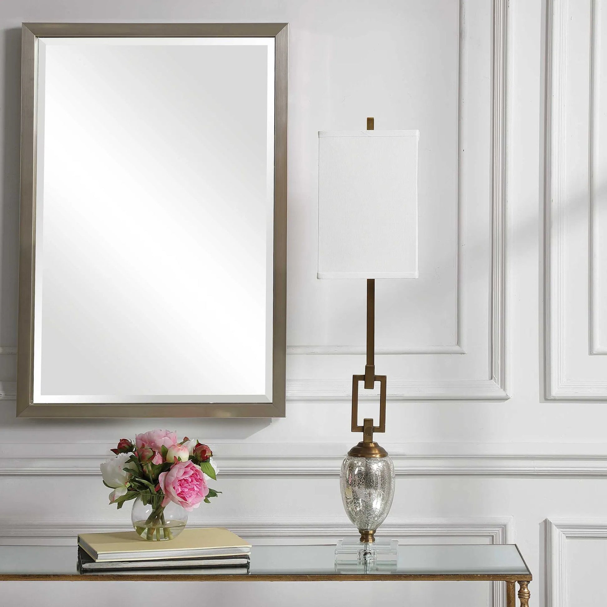 Copeland Mercury Glass Buffet Lamp by Uttermost. Made from metal, crystal, glass in a modern style.