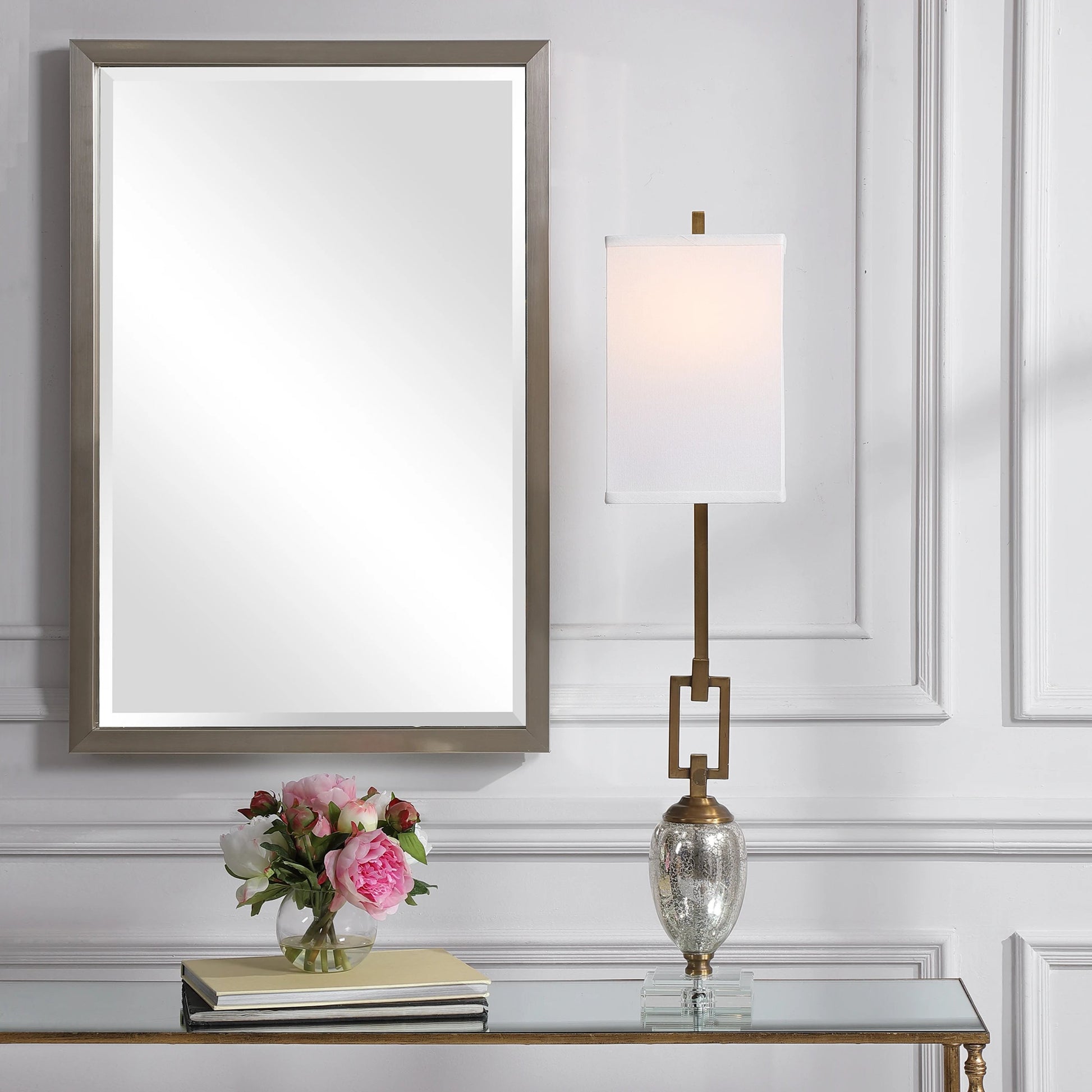Copeland Mercury Glass Buffet Lamp by Uttermost. Made from metal, crystal, glass in a modern style.